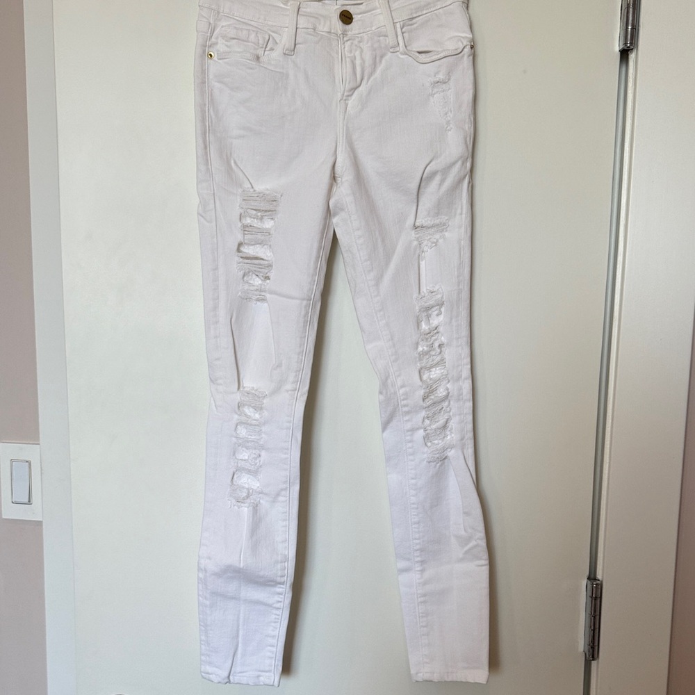 Frame Denim White Distressed Skinny Jeans